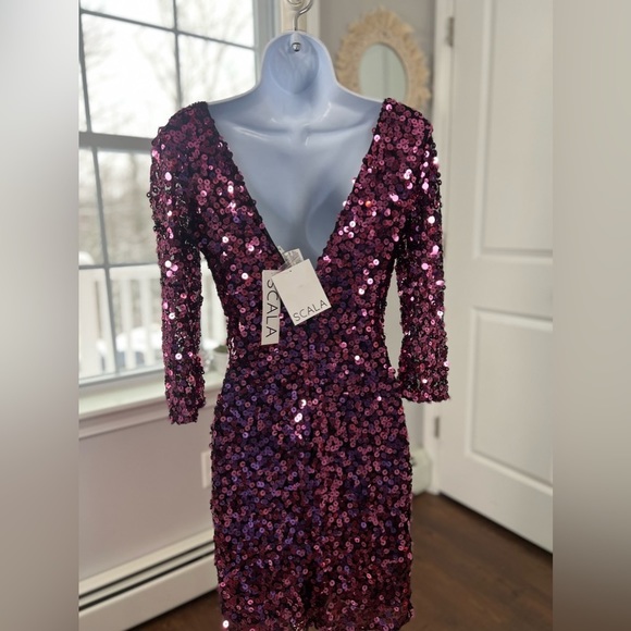 Nwt Scala Plum Pink Sequins Mesh Stretchy Bodycon Dress Size 4 - Picture 10 of 17